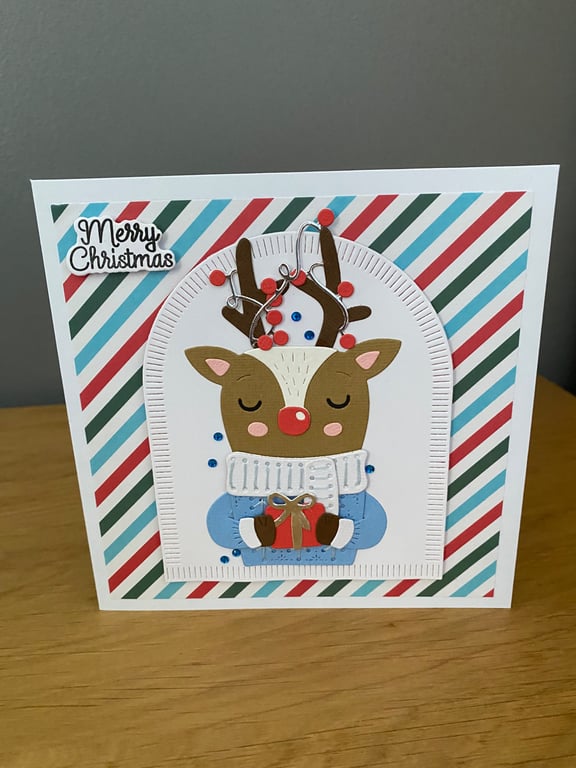 Handmade hand Stitched Reindeer Christmas Card