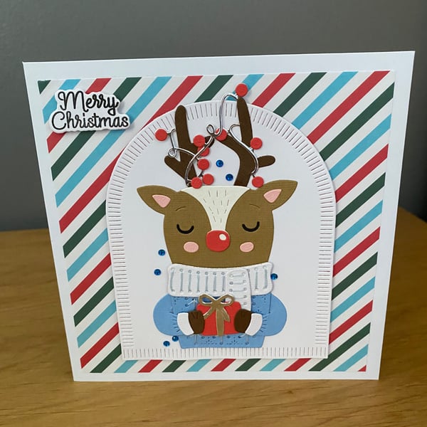 Handmade hand Stitched Reindeer Christmas Card