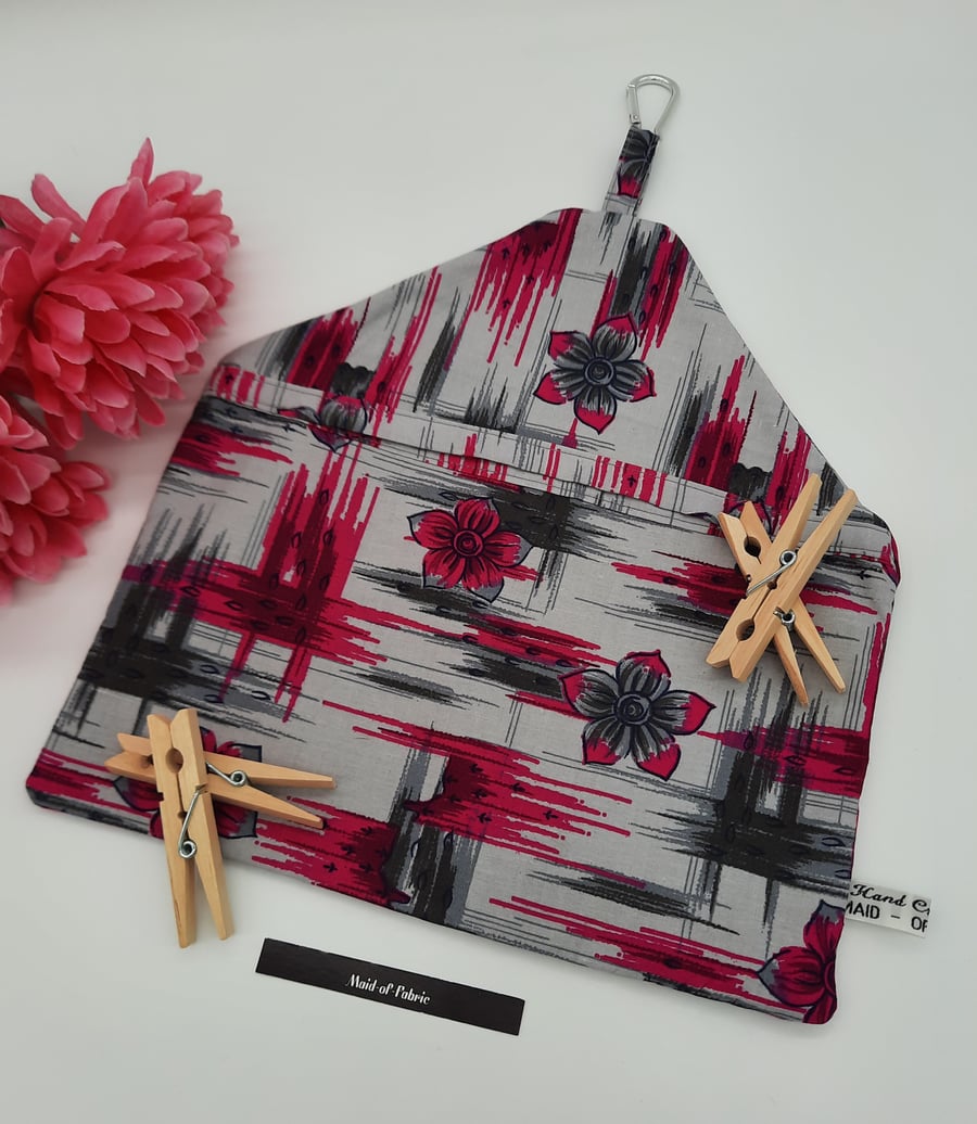 Peg bag, small, sale pink and grey pattern cotton fabric.