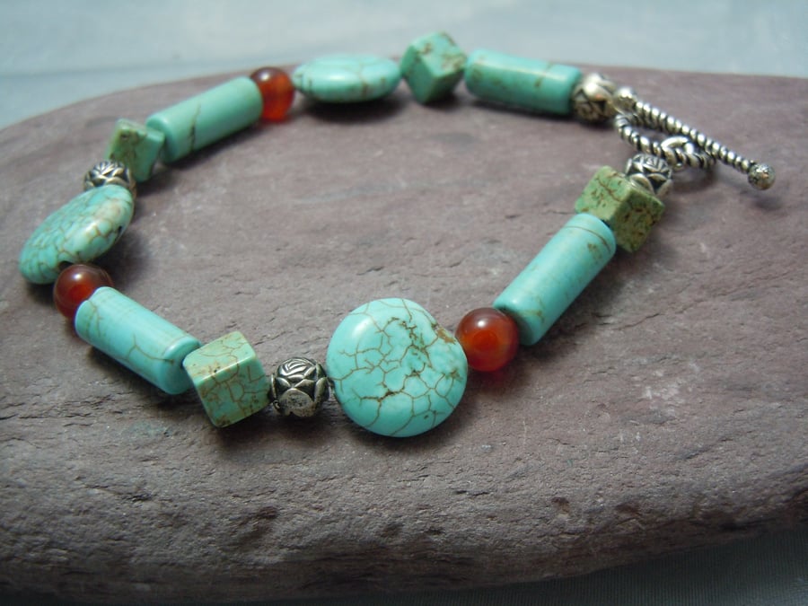 Semiprecious turquoise Magnesite & red Agate bracelet with silver plate beads