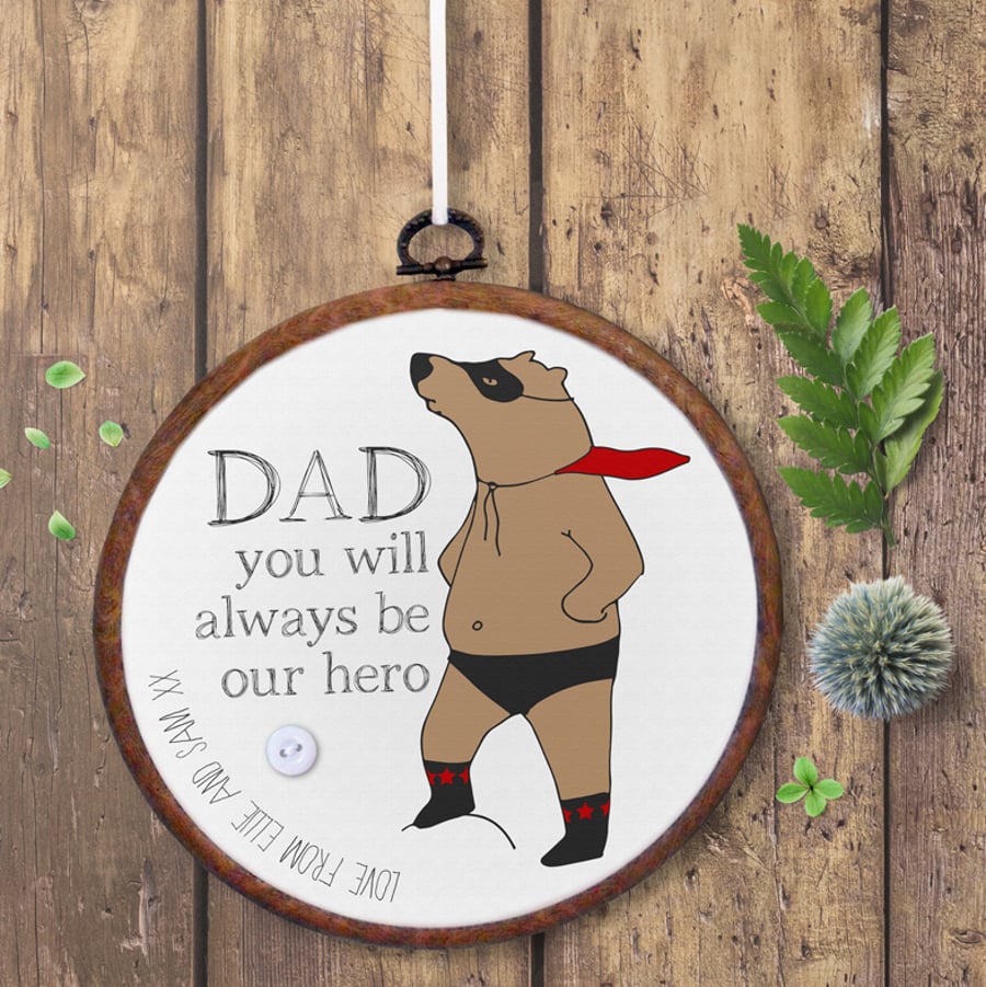 Super Bear Embroidery Hoop Print, personalised wall hanging, gift for him