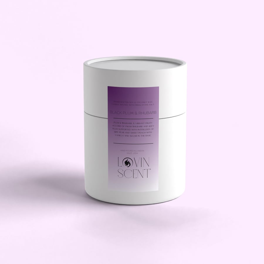 Vegan Soy-Coconut Himalayan Salt Candle: Black Plum & Rhubarb Scent, Twin Wick, 