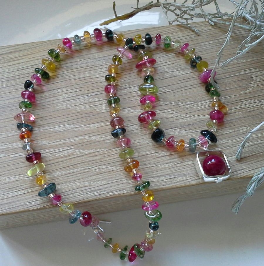 Multicoloured Quartz & Seed Bead Necklace Silver Plated 