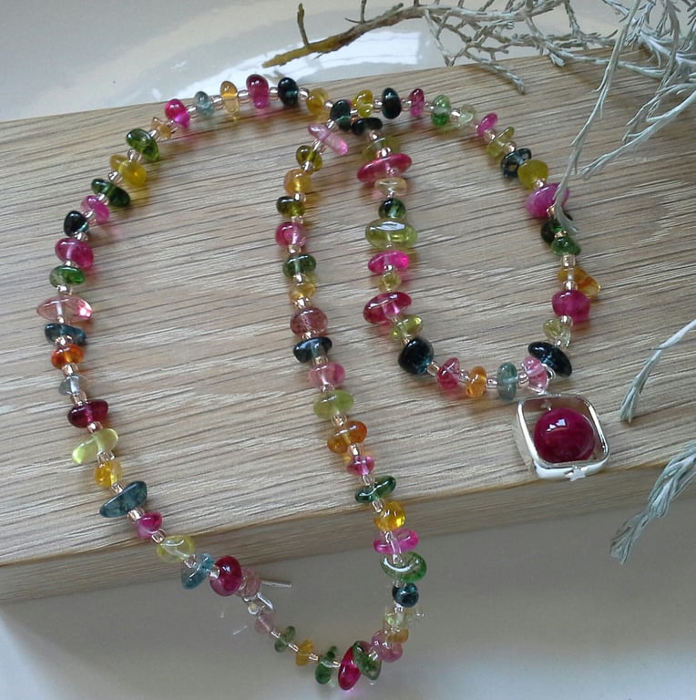 Rainbow Quartz & Seed Bead Necklace Silver Plated 
