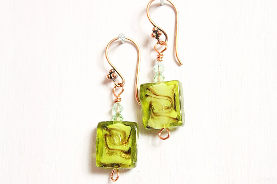 Green square lampwork bead dangle earrings