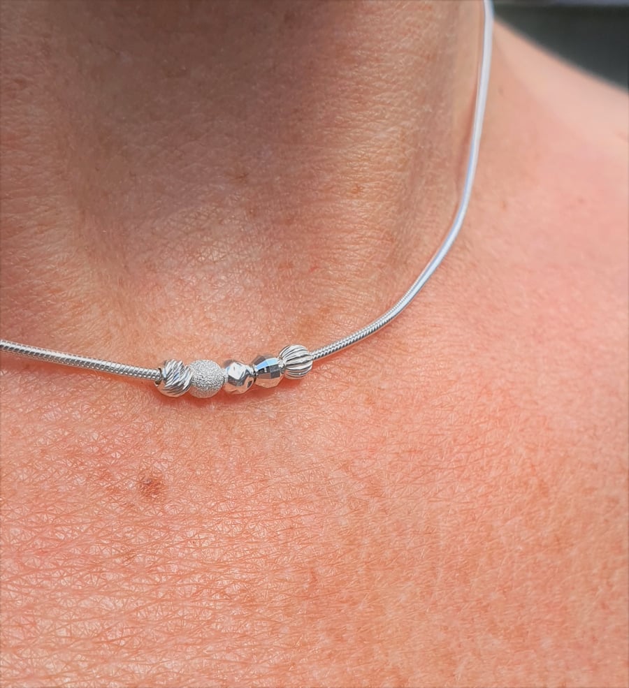 Dainty Sterling Silver Choker, Silver Beaded Necklace, Minimalist Necklace
