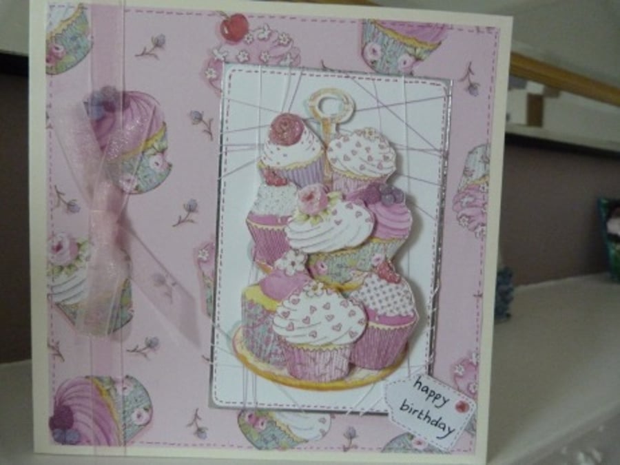 Mountain of Cupcakes Decoupaged Birthday Card