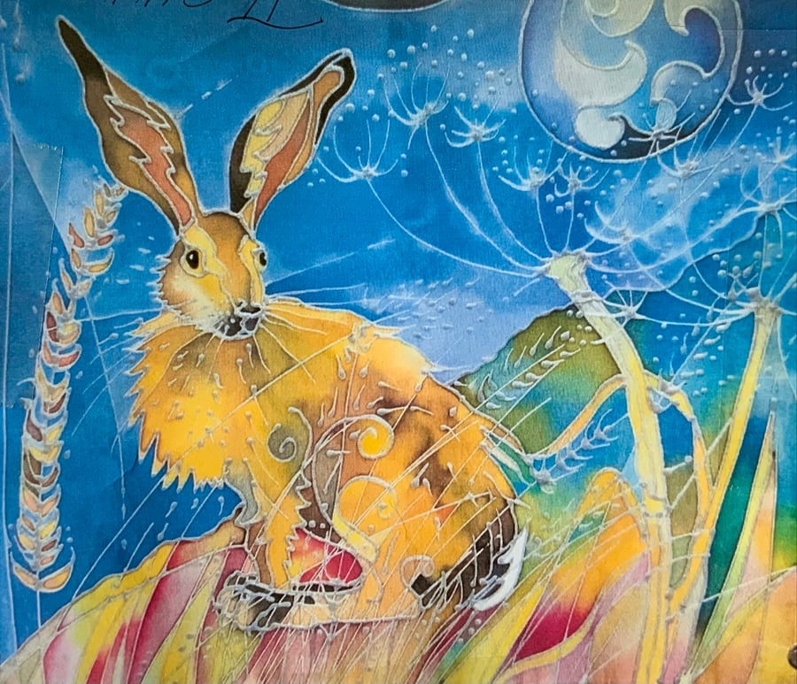 A painting of a Mystic Moon Hare. Original Hand Painted On Silk. Litha Moon Hare
