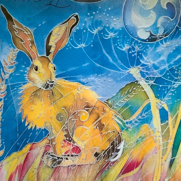 A painting of a Mystic Moon Hare. Original Hand Painted On Silk. Litha Moon Hare