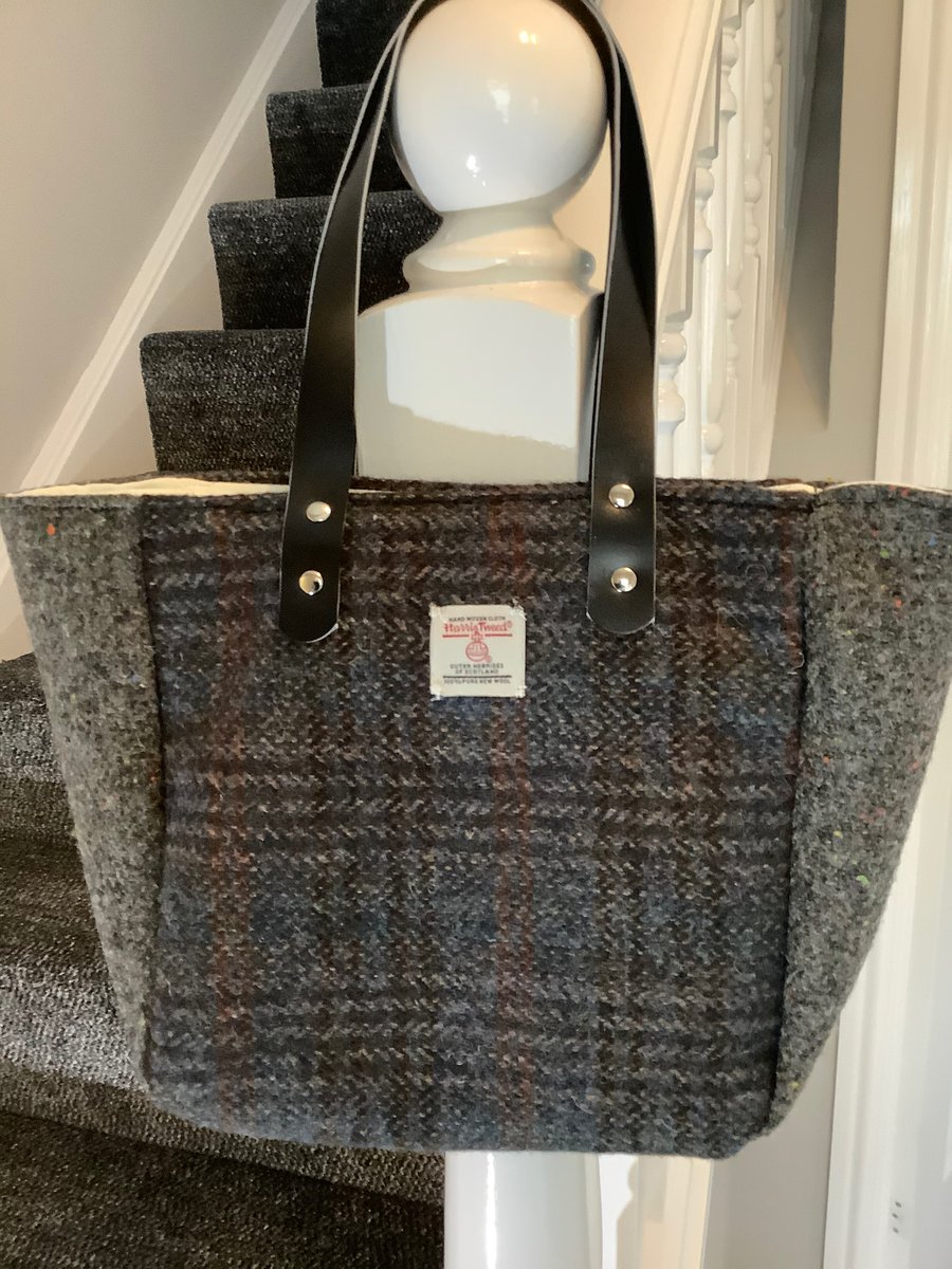 Attractive Oban check and Grey Harris tweed small tote bag with leather handles,