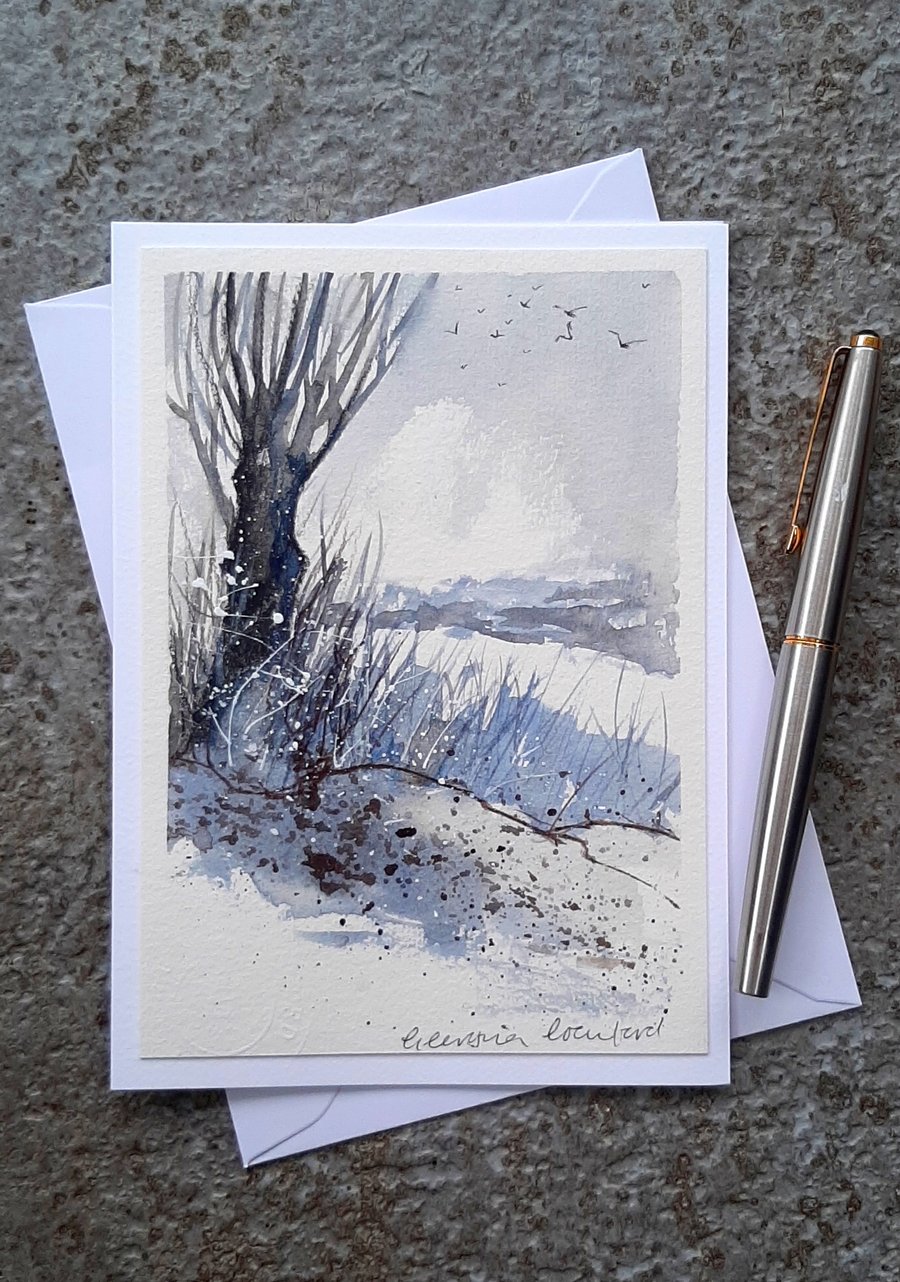 Handpainted Blank Card. Handmade. Letterbox Gift. Keepsake. Winter Tree