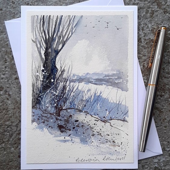 Handpainted Blank Card. Handmade. Letterbox Gift. Keepsake. Winter Tree