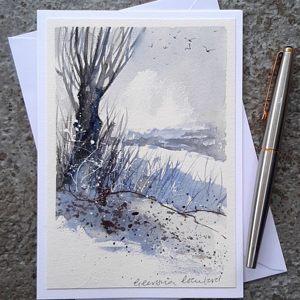 Handpainted Blank Card. Handmade. Letterbox Gift. Keepsake. Winter Tree