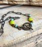 Handmade Turquoise and Lime Ceramic Leaf Necklace with Antique Brass Chain - Image 6