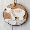 Rustic wood hanging polar bear Christmas decoration with Cornish sea glass 