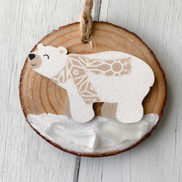 SALE-Rustic wood hanging polar bear Christmas decoration with Cornish sea glass 