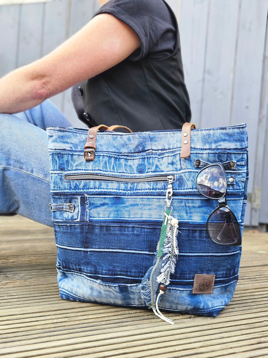 Large Upcycled Denim Tote Handbag, Handmade Jeans Bag with Pockets 