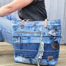 Large Upcycled Denim Tote Handbag, Handmade Jeans Bag with Pockets 