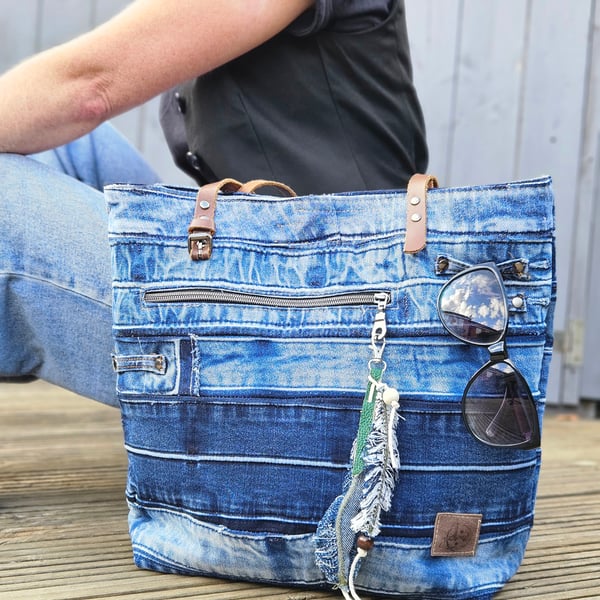 Large Upcycled Denim Tote Handbag, Handmade Jeans Bag with Pockets 