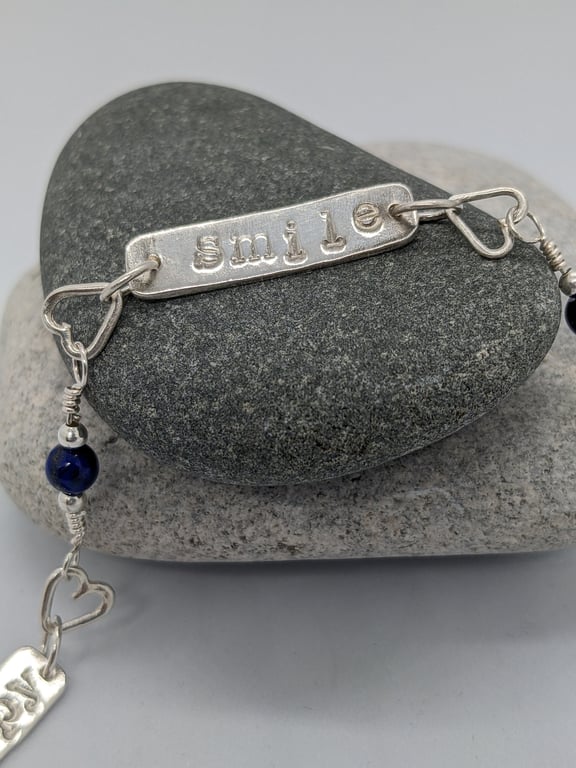 Silver bracelet, Silver bracelet with hearts, lapis beads and stamped sentiments