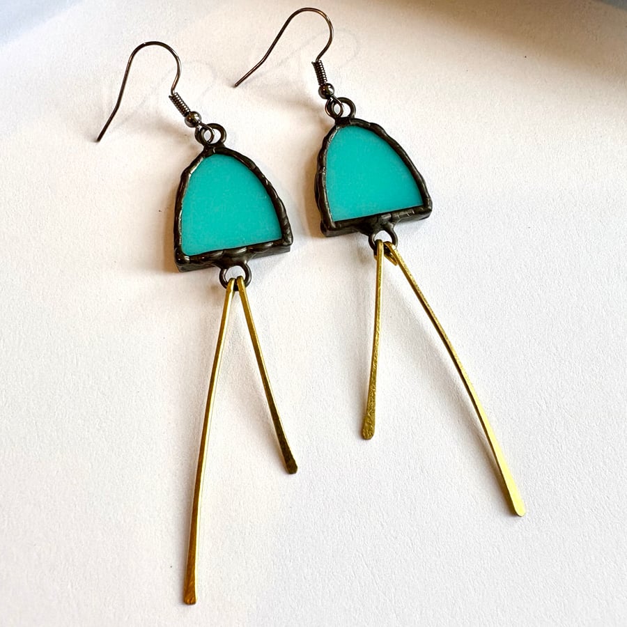 Statement Jewellery - blue stained glass earrings with hammered brass accents 