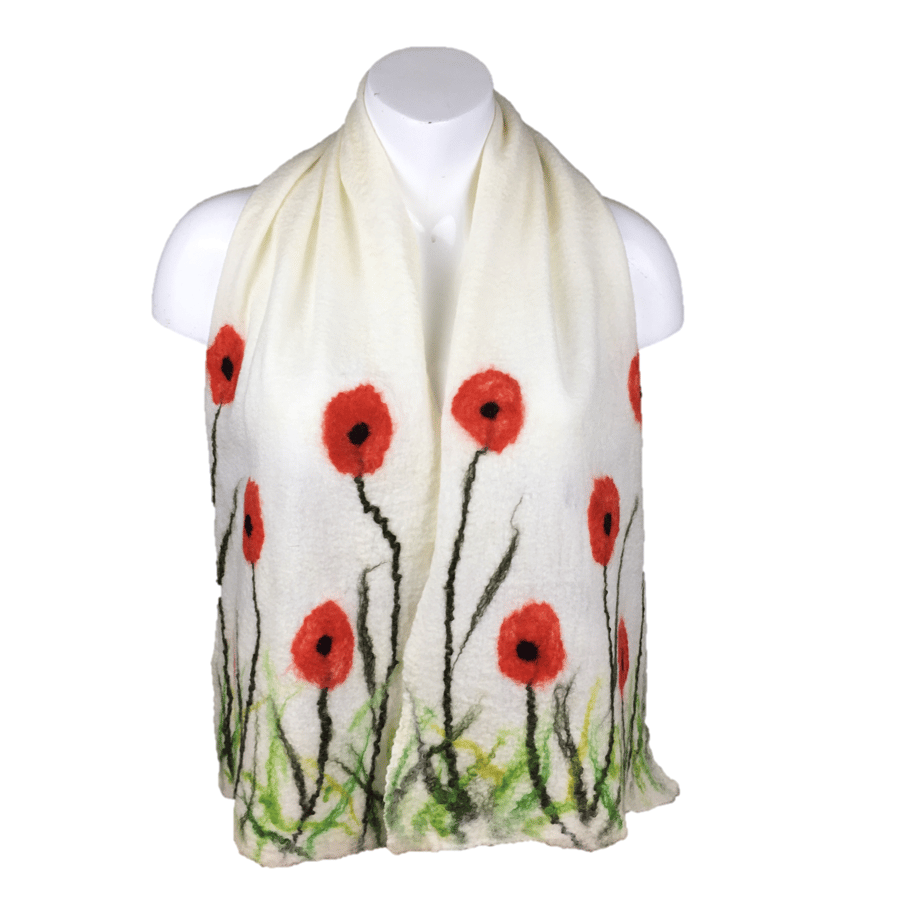 Poppy scarf, white merino wool nuno felted on silk chiffon