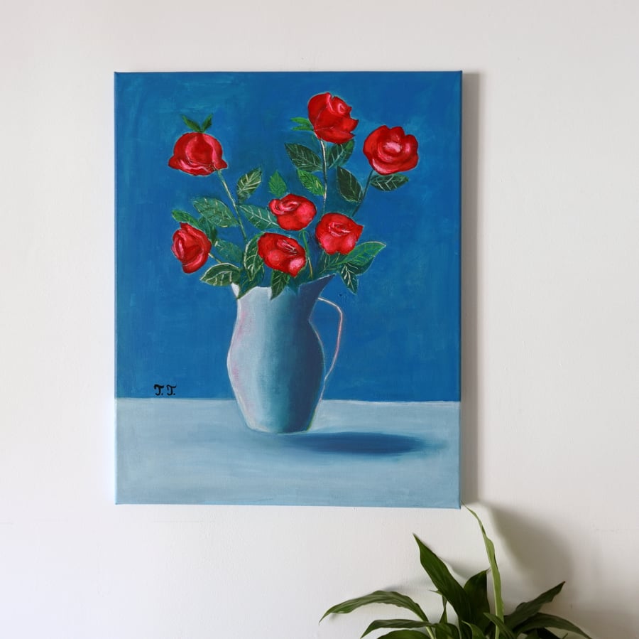 Original Rose Painting, Acrylic Floral Artwork, Still-life Red Flower Art