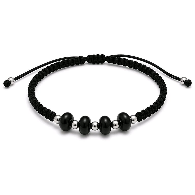 Men's Obsidian Bracelet Adjustable Cord Natural Stone Stainless Steel