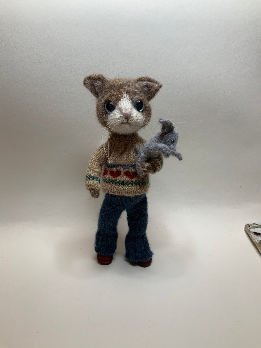 Hand Knitted Cat Doll with Toy Elephant - all dotpebbles patterns