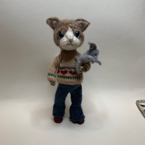 Hand Knitted Cat Doll with Toy Elephant - all dotpebbles patterns