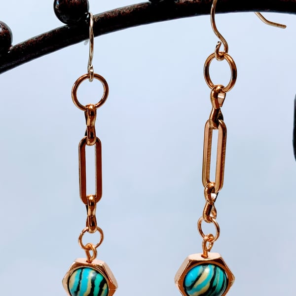 Gold Paperclip Chain Bead Earrings.