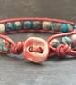 Red and blue rainbow jasper and leather bracelet with ceramic button fastener - Image 1