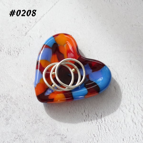 Multi-coloured heart shaped fused glass ring dish, 5cm approx (0208)