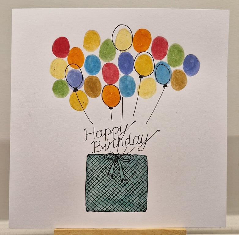 Colourful balloons & a green gift box Happy Birthday handmade watercolour card