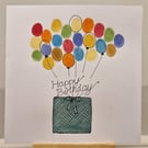 Colourful balloons & a green gift box Happy Birthday handmade watercolour card
