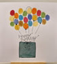 Colourful balloons & a green gift box Happy Birthday handmade watercolour card