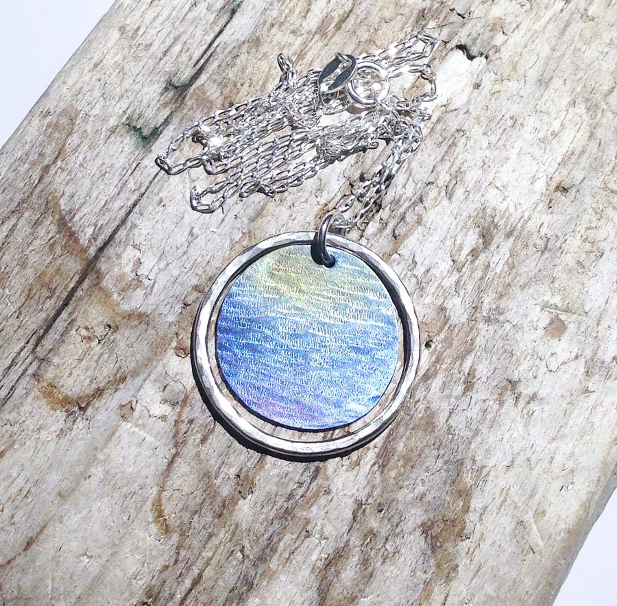 Sterling Silver and Titanium 'Sea View' Disc Pendant Necklace - UK Free Post