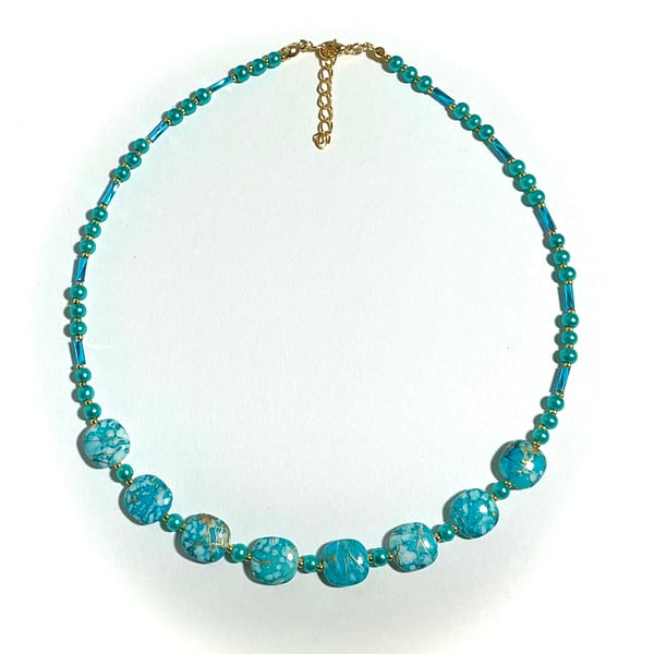 Turquoise and Gold Beaded Necklace