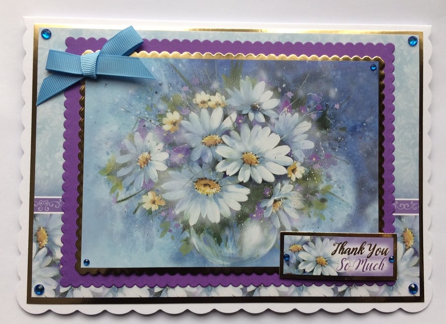 Thank You Card Vase of Daises Thank You So Much Blue and Purple