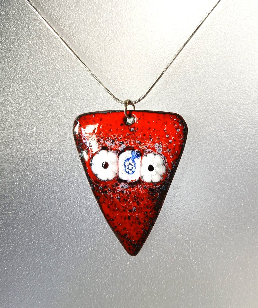 Red pendant in enamelled copper with millefiori on recycled copper 244
