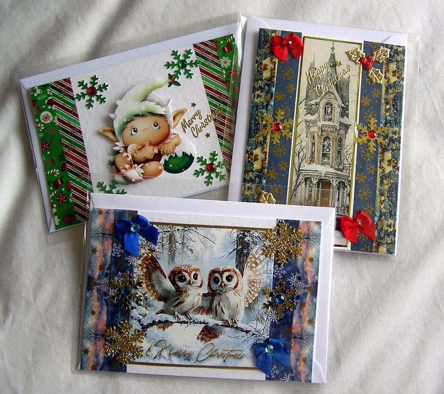 Set of 3 (Three) Beautiful Hand-Crafted Christmas Decoupage Greeting Cards (m)