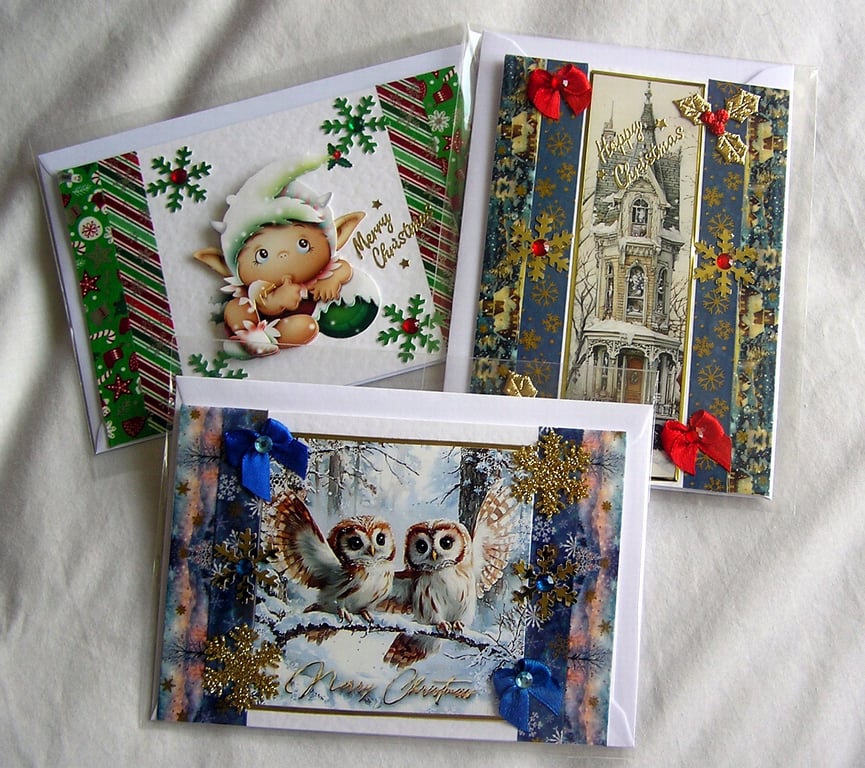 Set of 3 (Three) Beautiful Hand-Crafted Christmas Decoupage Greeting Cards (m)