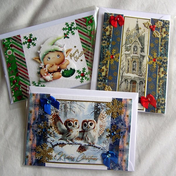Set of 3 (Three) Beautiful Hand-Crafted Christmas Decoupage Greeting Cards (m)