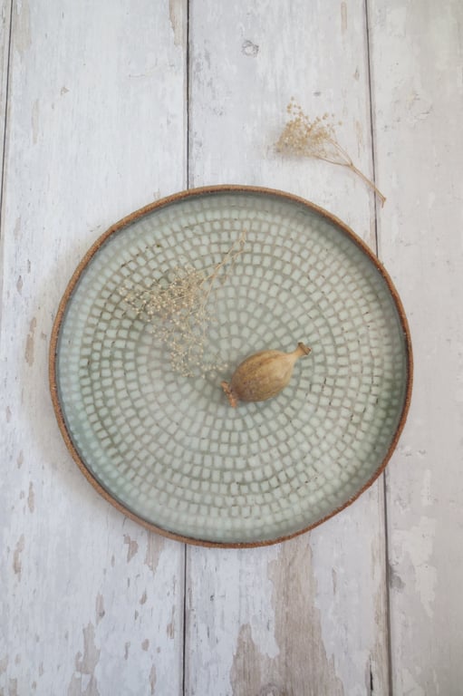 DECORATIVE PLATE hand-built stoneware pottery in pale sea green