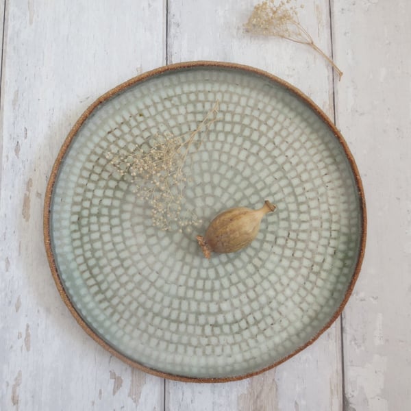 DECORATIVE PLATE hand-built stoneware pottery in pale sea green