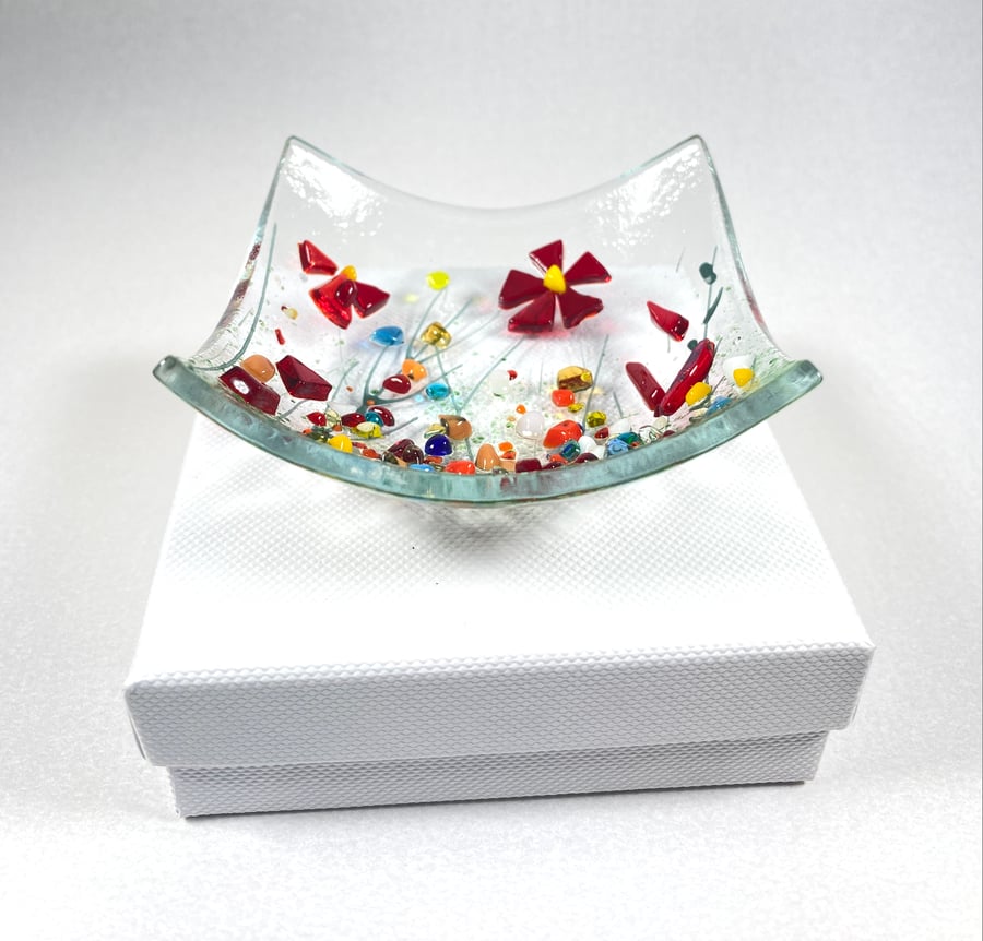 Fused glass meadows trinket dish in white gift box