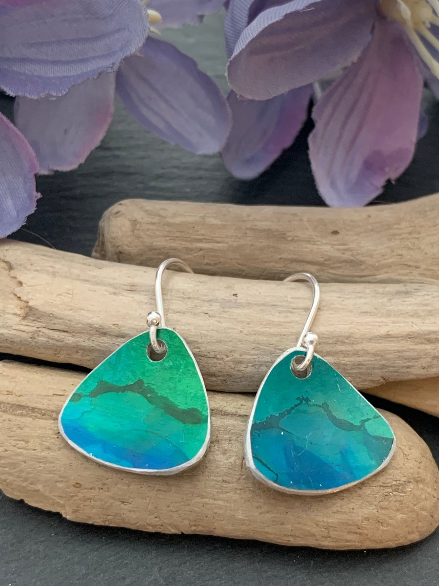 Printed Aluminium and sterling silver earrings - Green landscape