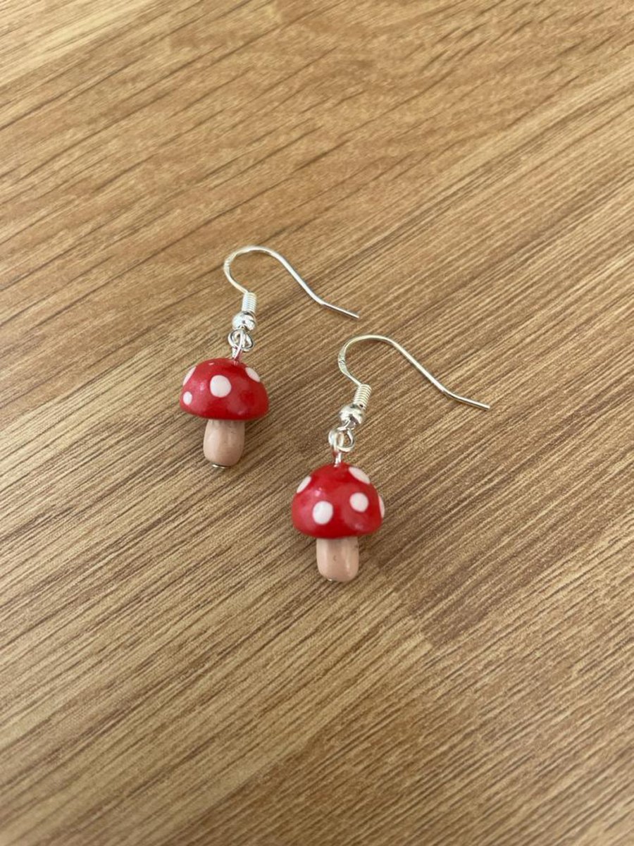 Handmade cute mini mushroom polymer clay earrings on 925 silver wires