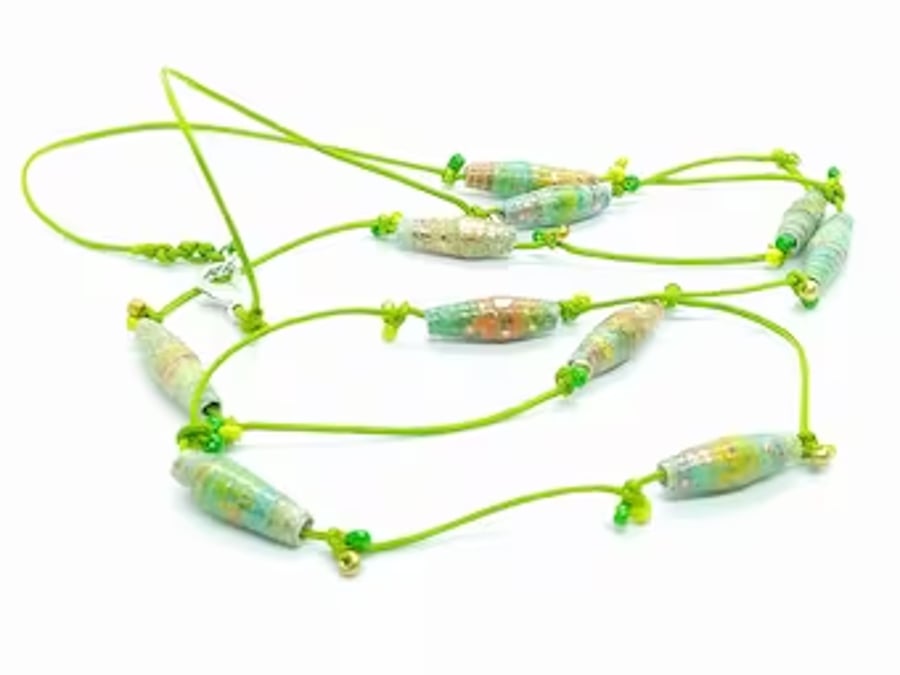 Handmade Summer Swirl Bright Green Varnished Paper Bead Necklace