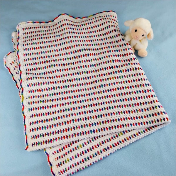 Colourful Crochet Baby Blanket, White Pram Blanket, Handmade Newborn Gift